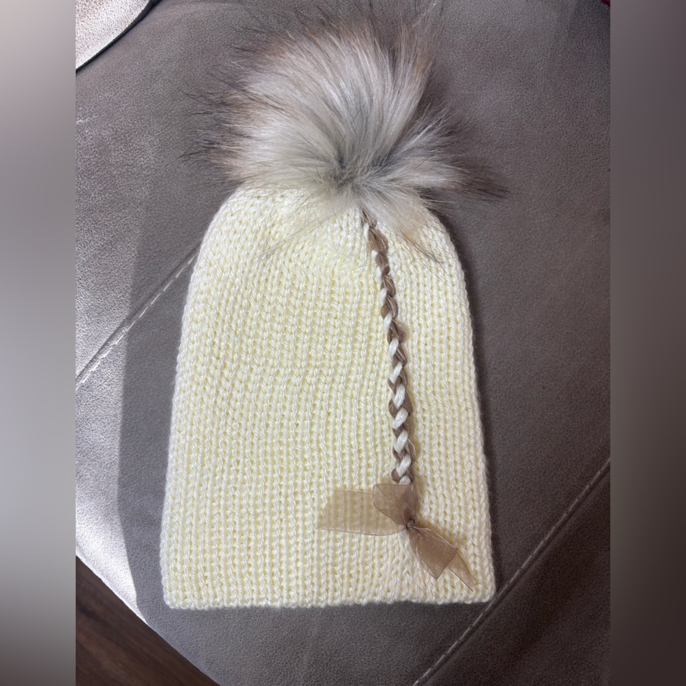 Cream Knit Beanie with Faux Fur Pom